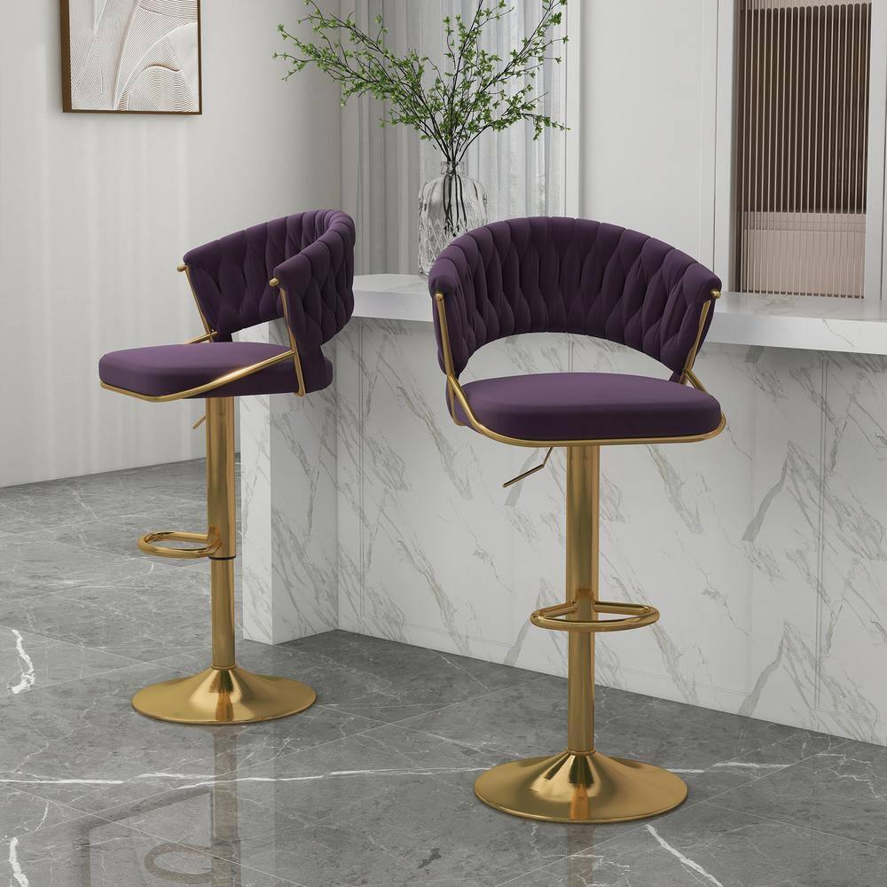 Kakotito 360° Velvet Swivel Bar Stools with Low Back & Footrest, Adjustable Counter Barstools, Silver Bar Stool (Set of 2 - Silver Version, Pink)