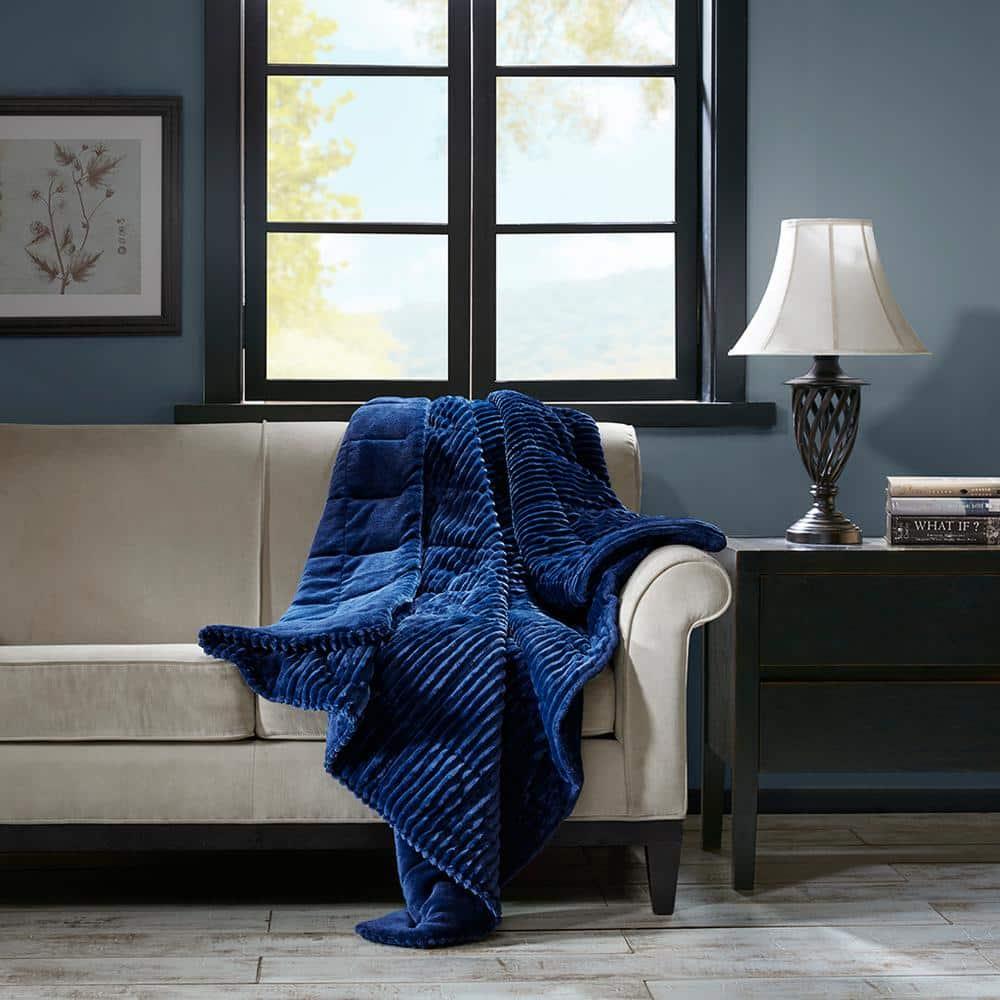60"x70" Oversized Williams Plush Down Alternative Throw Blanket Navy Blue - Madison Park