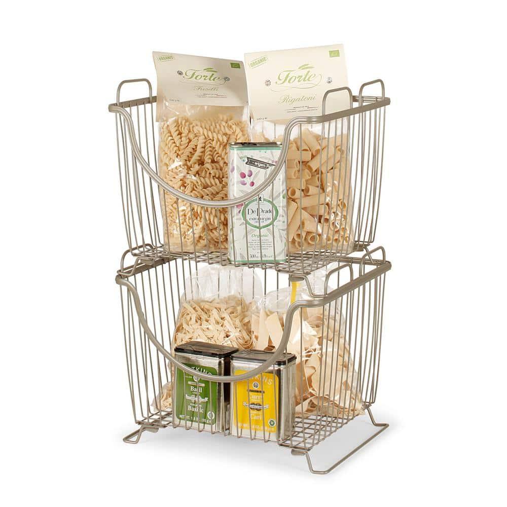 Spectrum Diversified Ashley Steel Stackable Wire Basket with Raised Feet and Looped Handles, Modular Stacking Bin System for Kitchen Countertop and Desk Organization, Large, Satin Nickel