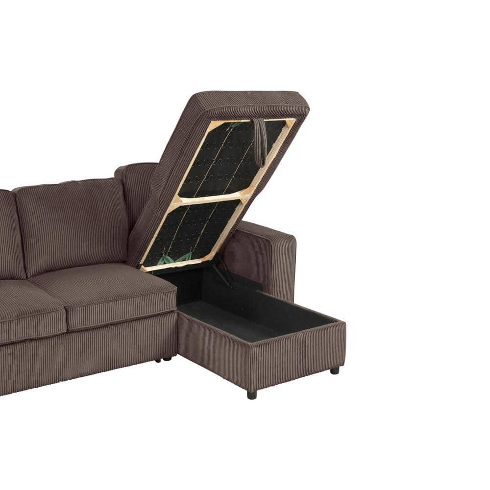 HOMES: Inside + Out Paeke Sleeper Sectional Sofa Corduroy with Storage Chaise and Reversible Brown