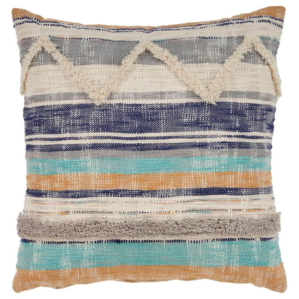 HomeRoots 18" X 18" Beige Blue And Gray Geometric Cotton Zippered Pillow