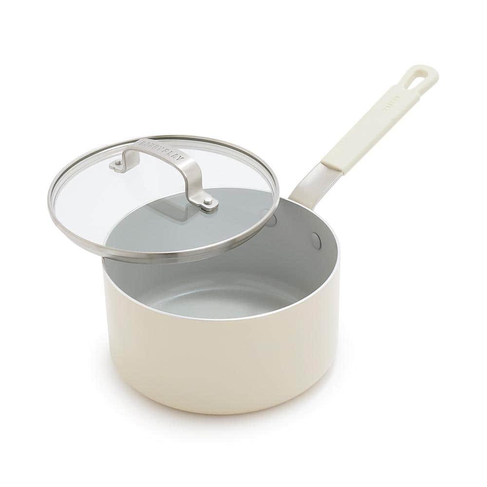 Bobby Flay 2.54qt Ceramic Nonstick Aluminum Sauce Pan with Lid Cream: Dishwasher-Safe, Lifetime Warranty, PTFE & PFOA Free