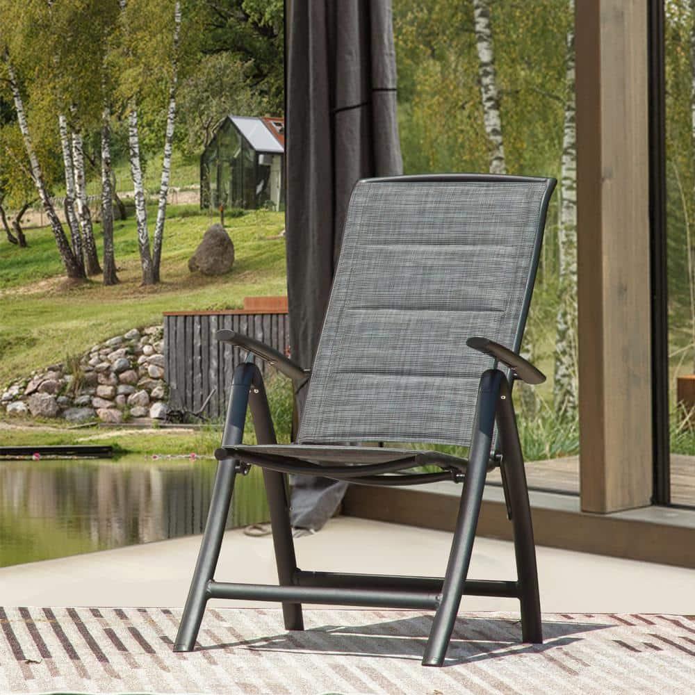 Gzxs Patio Dining Chairs Set of 2, Portable Aluminium Frame Folding Chairs with Armrests and High Backrest for Camping, Lawn Yard Beach, Double-Layered Textilene Fabric, Dark Gray