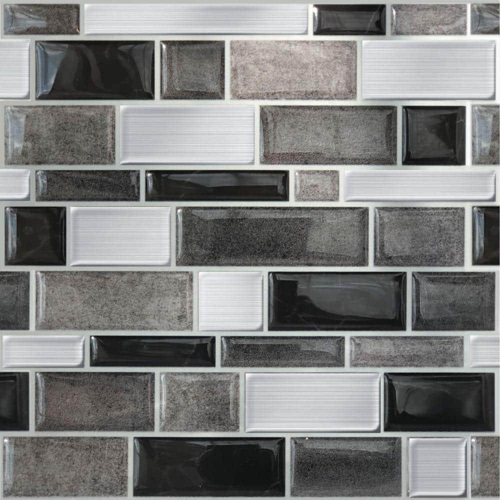 Main Street 10.5" x 10.5" Silver & Black Mosaic Vinyl Peel and Stick Tiles (4-Pack). Removable Tiles for Walls or Backsplash