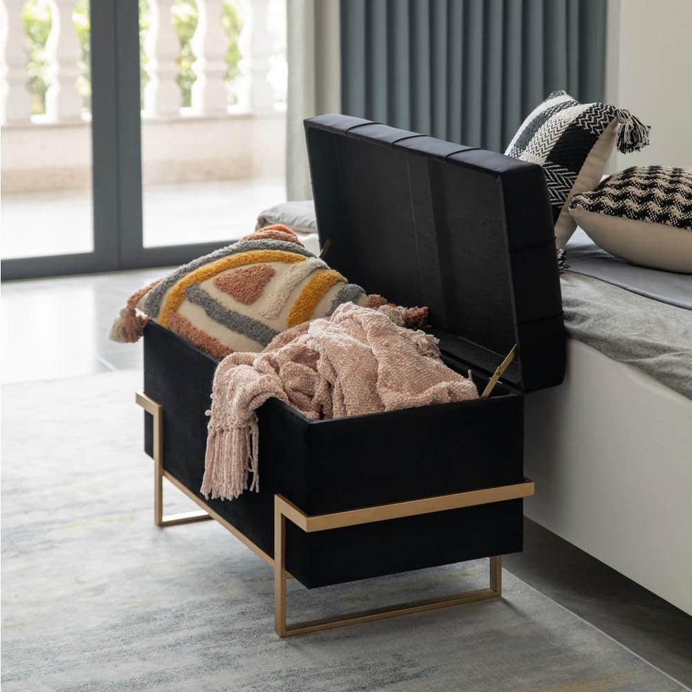 Fabulaxe Rectangle Velvet Storage Ottoman with Abstract Golden Legs | Sitting Bench for Living Room Home Decor with Unique Base Support (Black Large)
