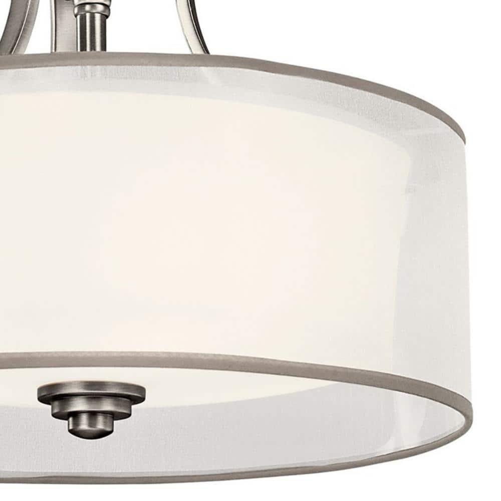 Lacey 15" 3 Light Semi Flush with Satin Etched Cased Opal Inner Diffusers and White Translucent Organza Outer Shade in Antique Pewter