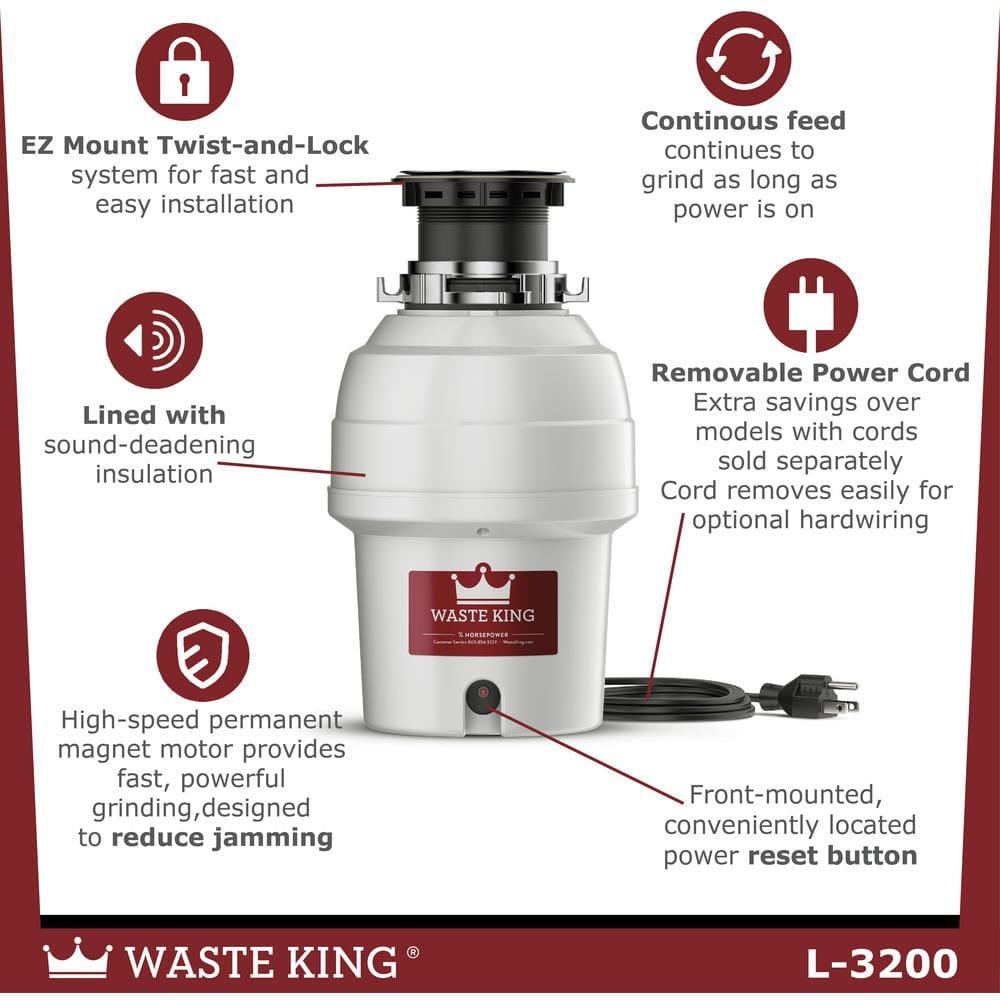 Waste King Legend Series L-3200 Garbage Disposer, 3/4 hp Motor, 115 V, Stainless Steel