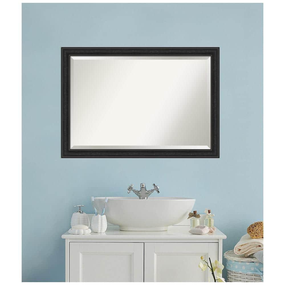 Amanti Art Beveled Bathroom Wall Mirror - Shipwreck Black Narrow Frame Outer Size: 40 x 28 in