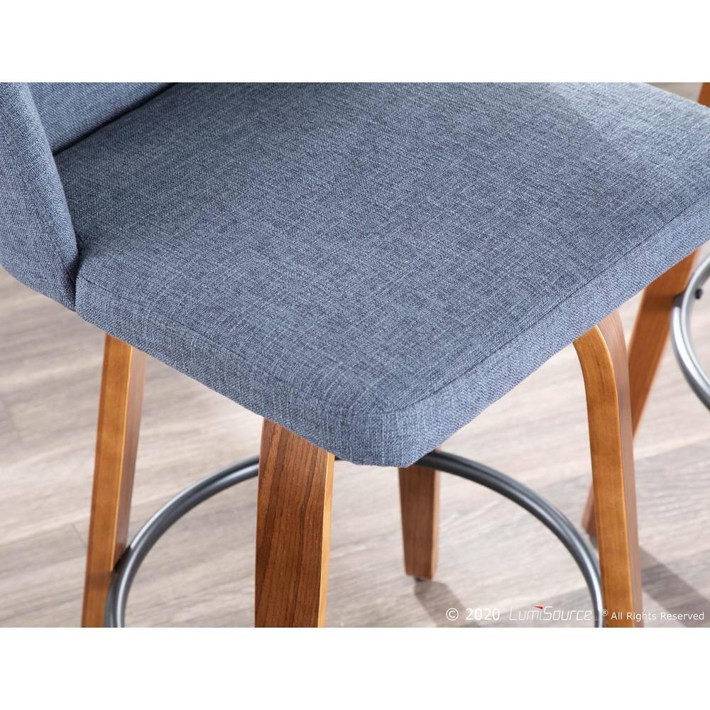 Set of 2 Toriano Mid-Century Modern Counter Height Barstools Walnut/Blue - LumiSource: Swivel, Polyester Upholstery, Wood Legs