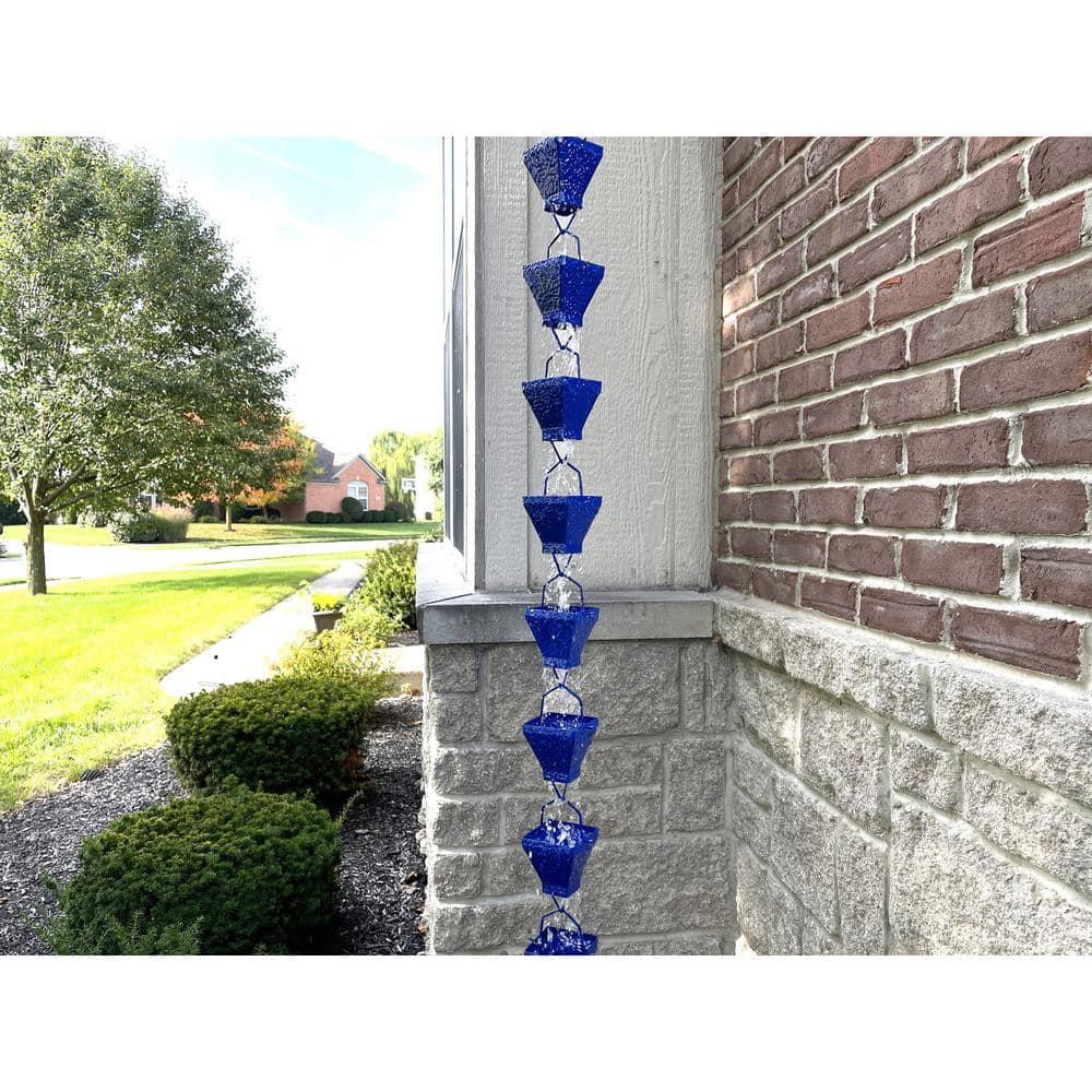 U-nitt Rain Chains, Roof Gutter Downspout Channel, Rainwater Catcher/Diverter, 8.5 FT, Metal, Blue Powder Coated, Texture Square, Modern, 5517BLU