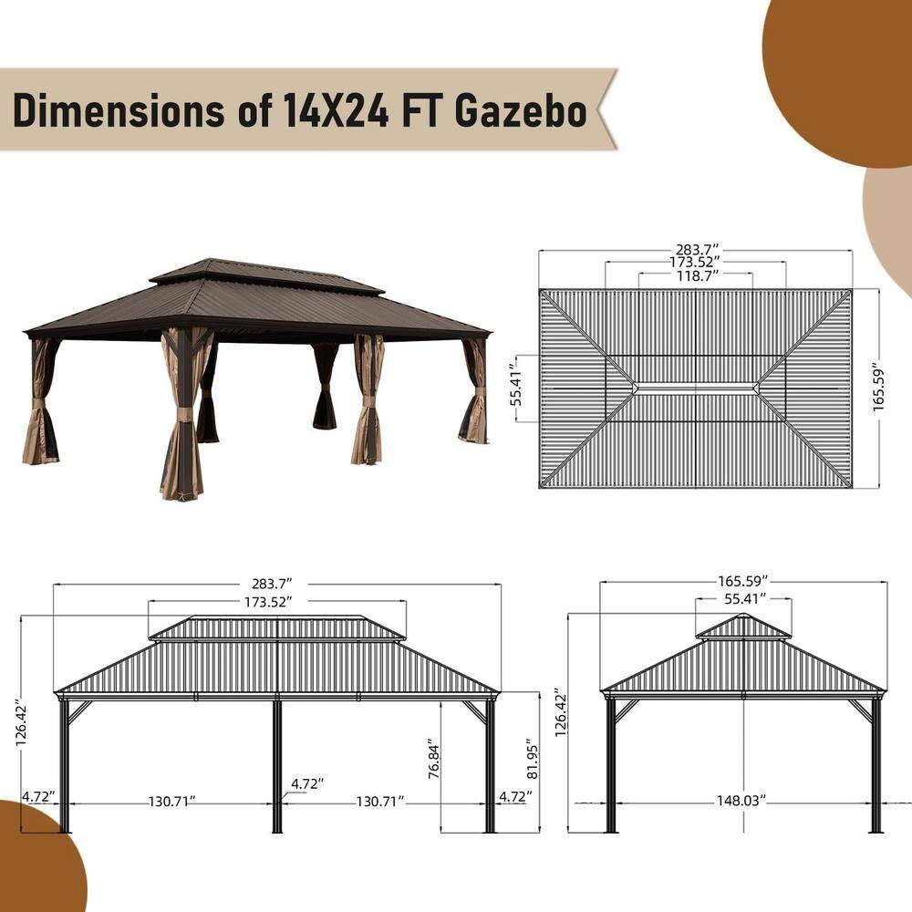 24 ft x 14 ft Brown Metal Hardtop Patio Gazebo