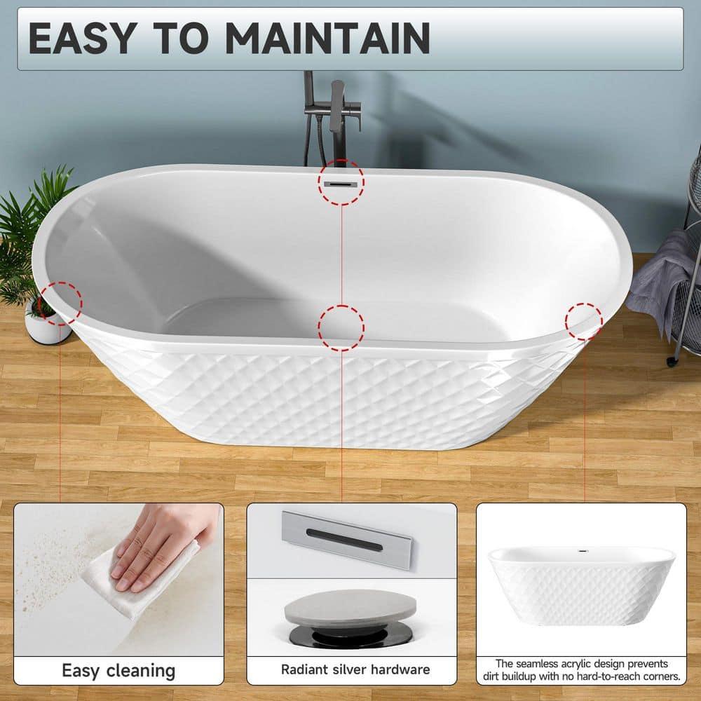 Aguamaph 67" x 31" Acrylic Freestanding Bathtub with Diamond Wave Pattern with Chrome Drain & Overflow T7052886731CW