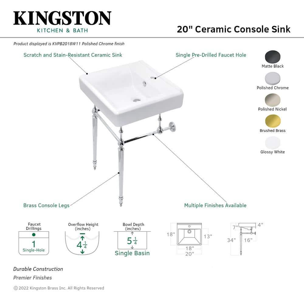 Kingston Brass Edwardian 20-Inch Porcelain Console Sink with Brass Legs (4-Inch, 3-Hole)