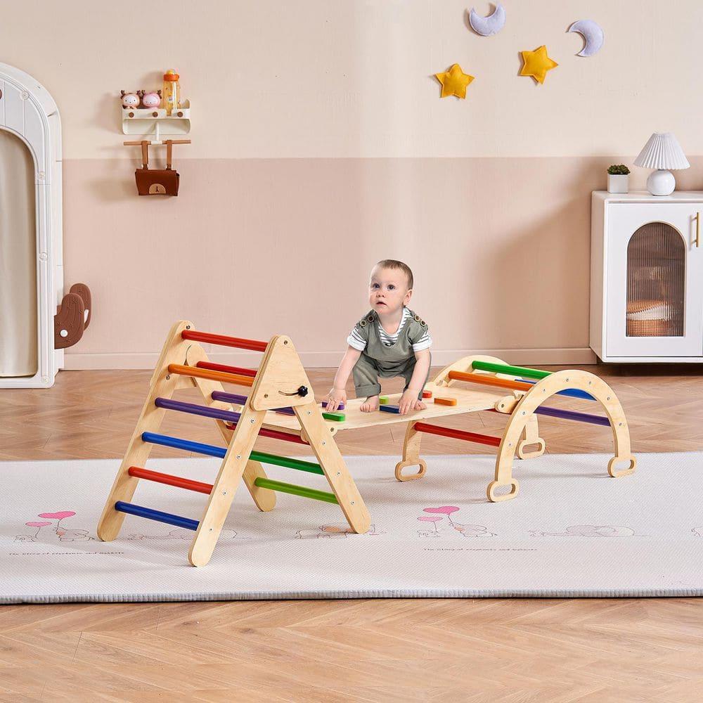 Pikler Triangle Set, 5 in 1 Toddler Climbing Toys Indoor Playground, Ramp, and Arch, Montessori Climbing Set with Triangle, Medium Size Wooden Climbing Gym for Toddlers 1-3 Years, Colorful