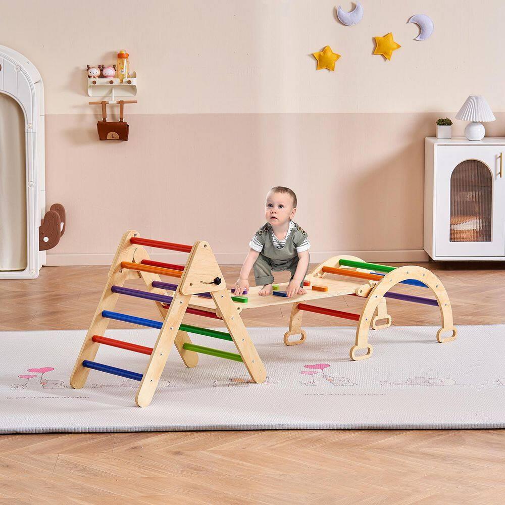 Pikler Triangle Set, 5 in 1 Toddler Climbing Toys Indoor Playground, Ramp, and Arch, Montessori Climbing Set with Triangle, Medium Size Wooden Climbing Gym for Toddlers 1-3 Years, Colorful