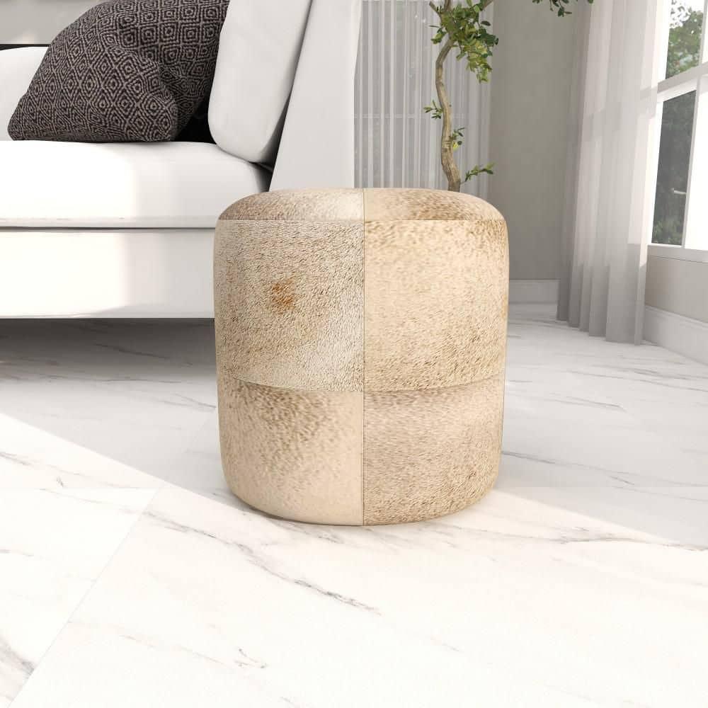 Wilson Smoke Gray and Brown Leather Hide Round Ottoman