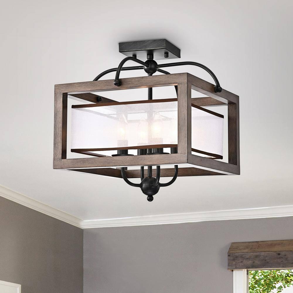 The Lighting Store Alina Antique Black Metal Natural Wood Flush Mount with Fabric Shade