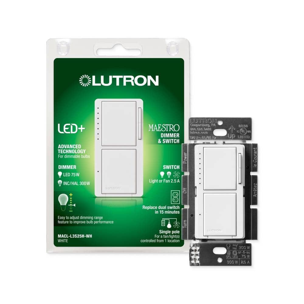 Lutron Maestro LED+ Dual Dimmer and Switch for 75-Watt LED Bulbs/2.5A Fans, Single Pole, White