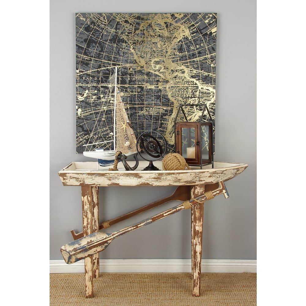 DecMode 49" x 33" White Wood Distressed Tray Top Boat Accent Table with Oar Detailed Legs, 1-Piece
