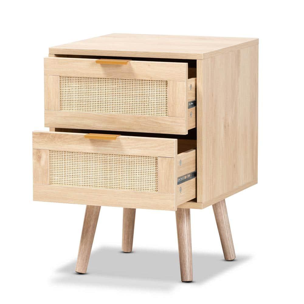 Baird Wood and Rattan 2 Drawer Nightstand Brown - Baxton Studio: Bohemian Style, Gold Tone Handles