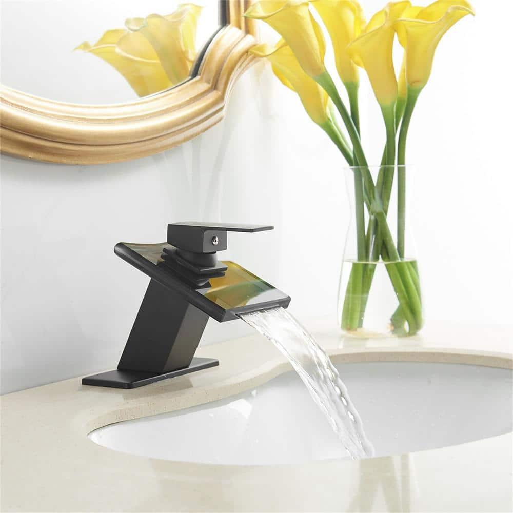 Matte Black Bathroom Faucet with Glass Waterfall Design, Single Handle for Sink, Modern Vanity Faucets with Supply Lines, Lavatory Basin Bath Mixer Tap, Deck Mounted