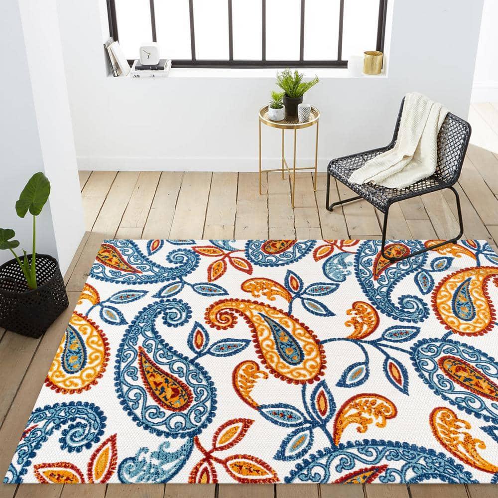 5'x8' Julien Paisley High-Low Indoor/Outdoor Area Rug, Orange/Blue - JONATHAN Y