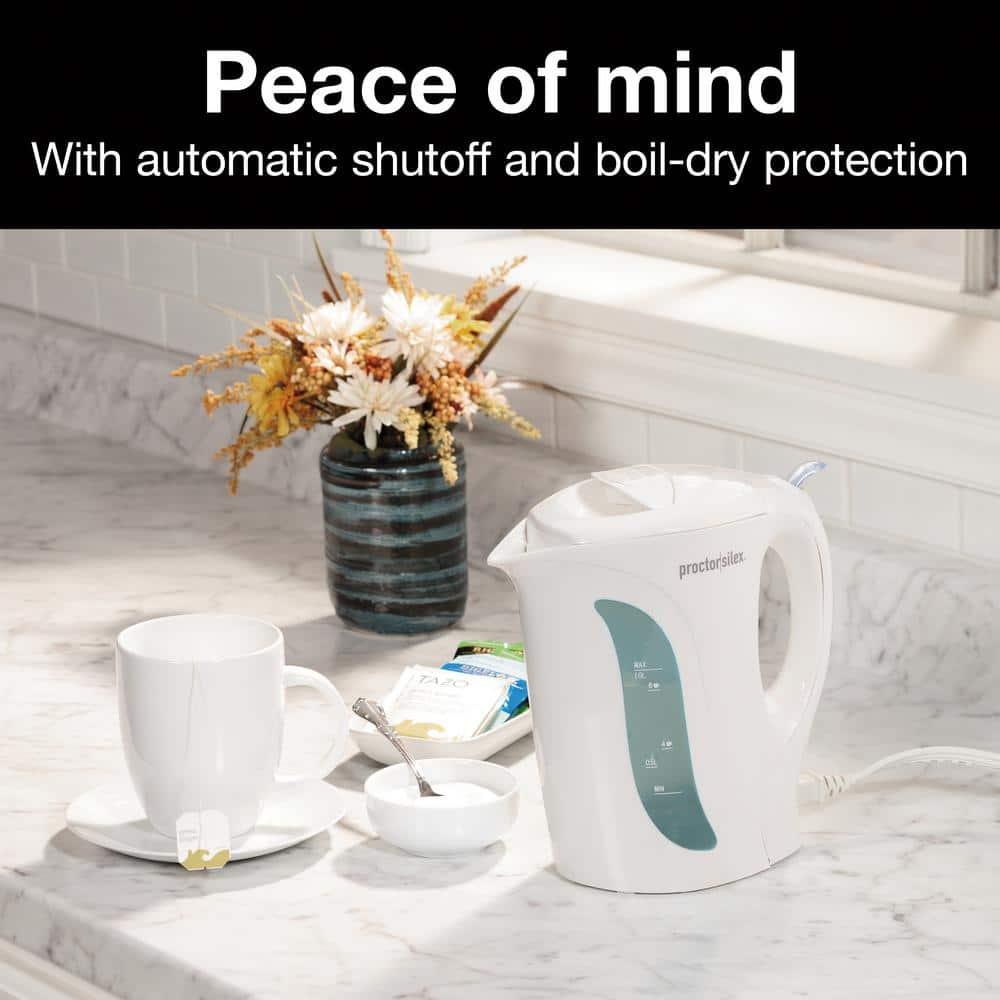 Proctor Silex Electric Kettle, Auto Shutoff, Boil-Dry Protection, 1 Liter, White, New, K2070PS