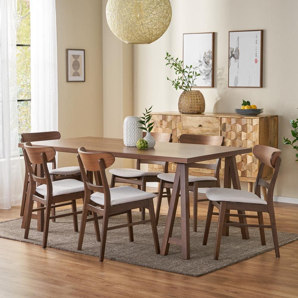 Noble House Lydia Mid-Century Modern 7 Piece Dining Set, Light Beige and Walnut
