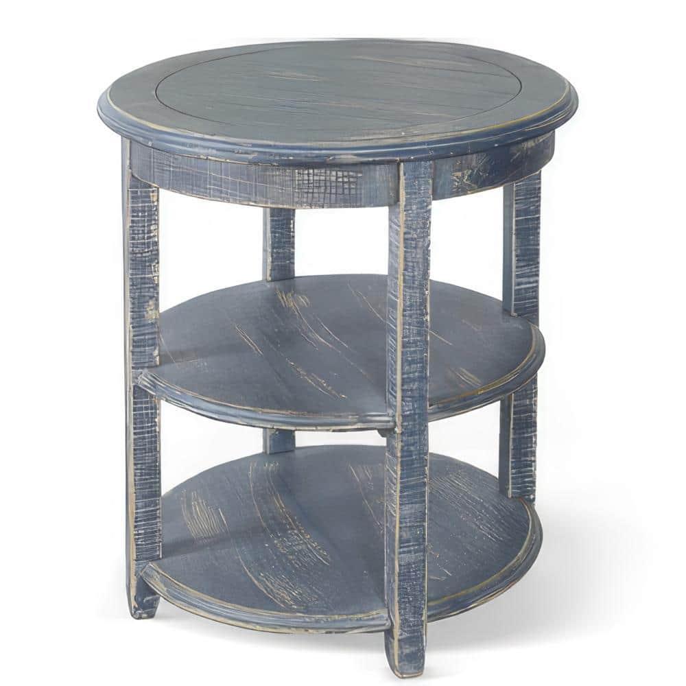 Benjara Rena Side End Table, Scallop Trim, 28 Inch Distressed Blue Mahogany