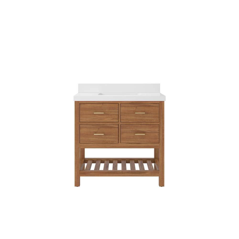 Parker Teak 36 in. W x 22 in. D x 36 in. H Single Sink Bath Vanity Center in Golden Teak with 2 in. White Qt. Top