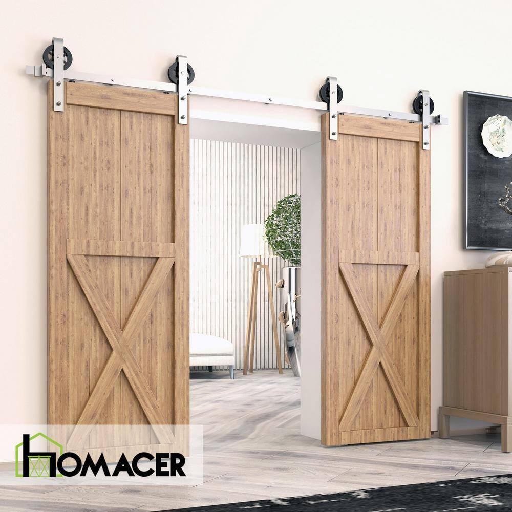 Homacer Brushed Nickel Sliding Barn Door Hardware Kit, for Two/Double Doors, 5ft Long Flat Track, Spoke Wheel Design Roller, Heavy Duty, for Interior & Exterior Use