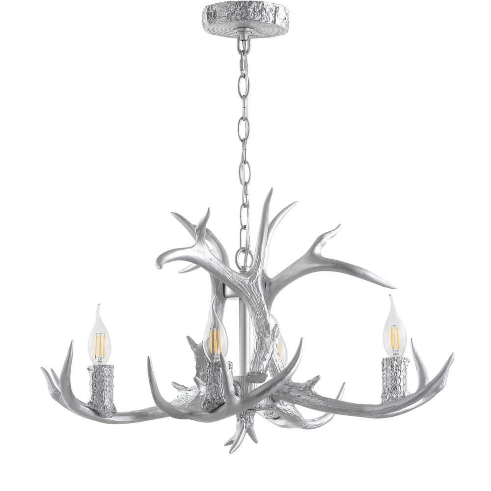 JONATHAN Y JYL6301C Eldora 26" Adjustable Resin Antler 4-Light LED Chandelier, Farmhouse, Glam, Transitional, Rustic, Cottage for living room, dinning room, bedroom, office Bulb Included, Silver