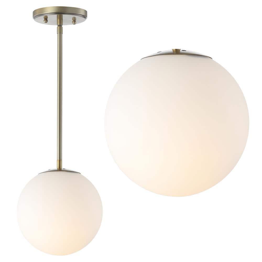 Bleecker 7.75" Metal/Glass Globe LED Pendant, White/Brass