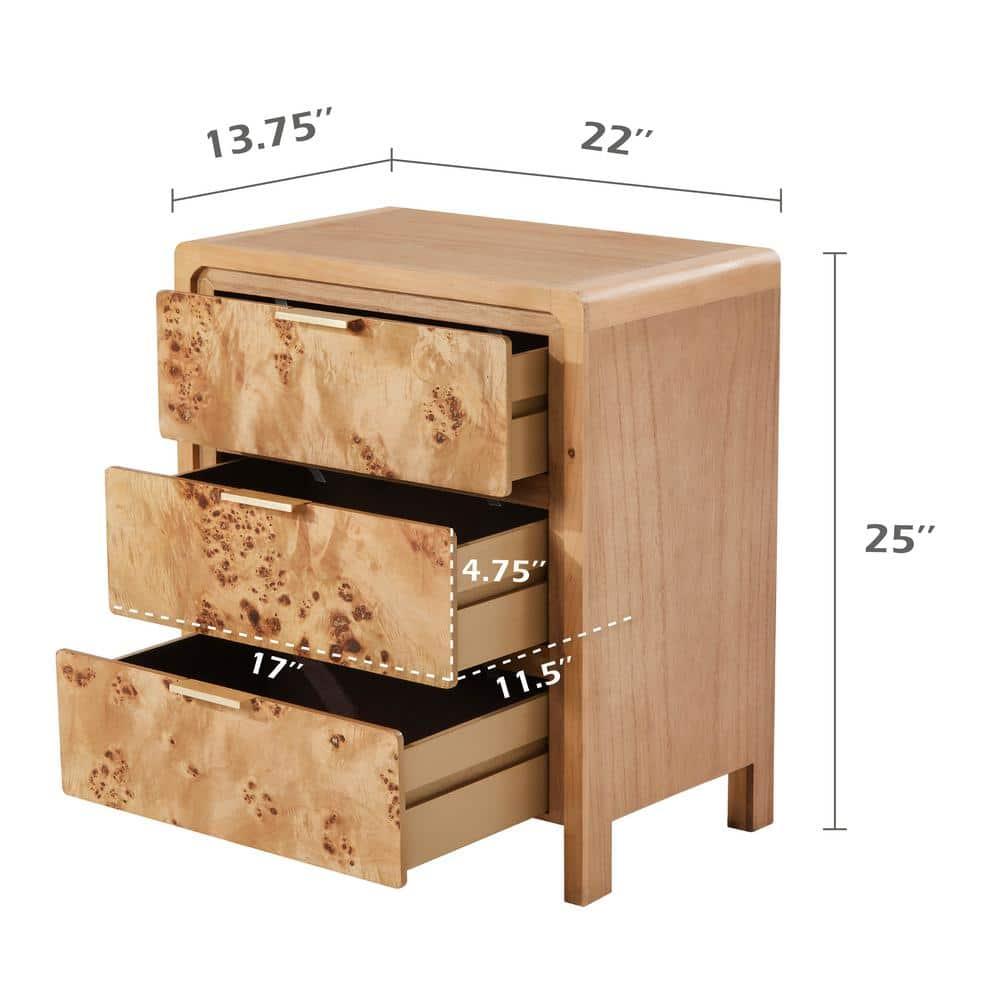 COZAYH Farmhouse 3 Drawer Dresser, Rustic Vintage Nightstand, Home Bedroom Wooden Side Table Burl Finish Vintage Accent, Natural