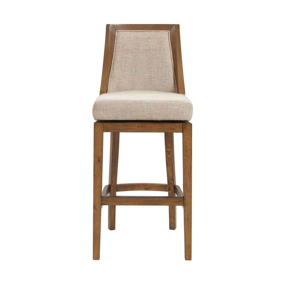 Alaterre Ellie Bar Height Stool, Back, Swivel Seat, Brown, Upholstered Padded Seat, Rubberwood Frame, Steel Memory Return Mechanism, Dimensions 19 in. W x 22 in. D x 46 in. H, Footrest, Metal Kick Plate