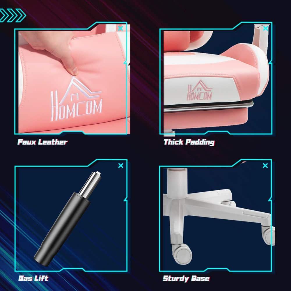 HOMCOM Cute Gaming Chair, Reclining Computer Chair with Footrest, Headrest, Lumbar Support, Height Adjustable Faux Leather Swivel Gamer Chair, Pink