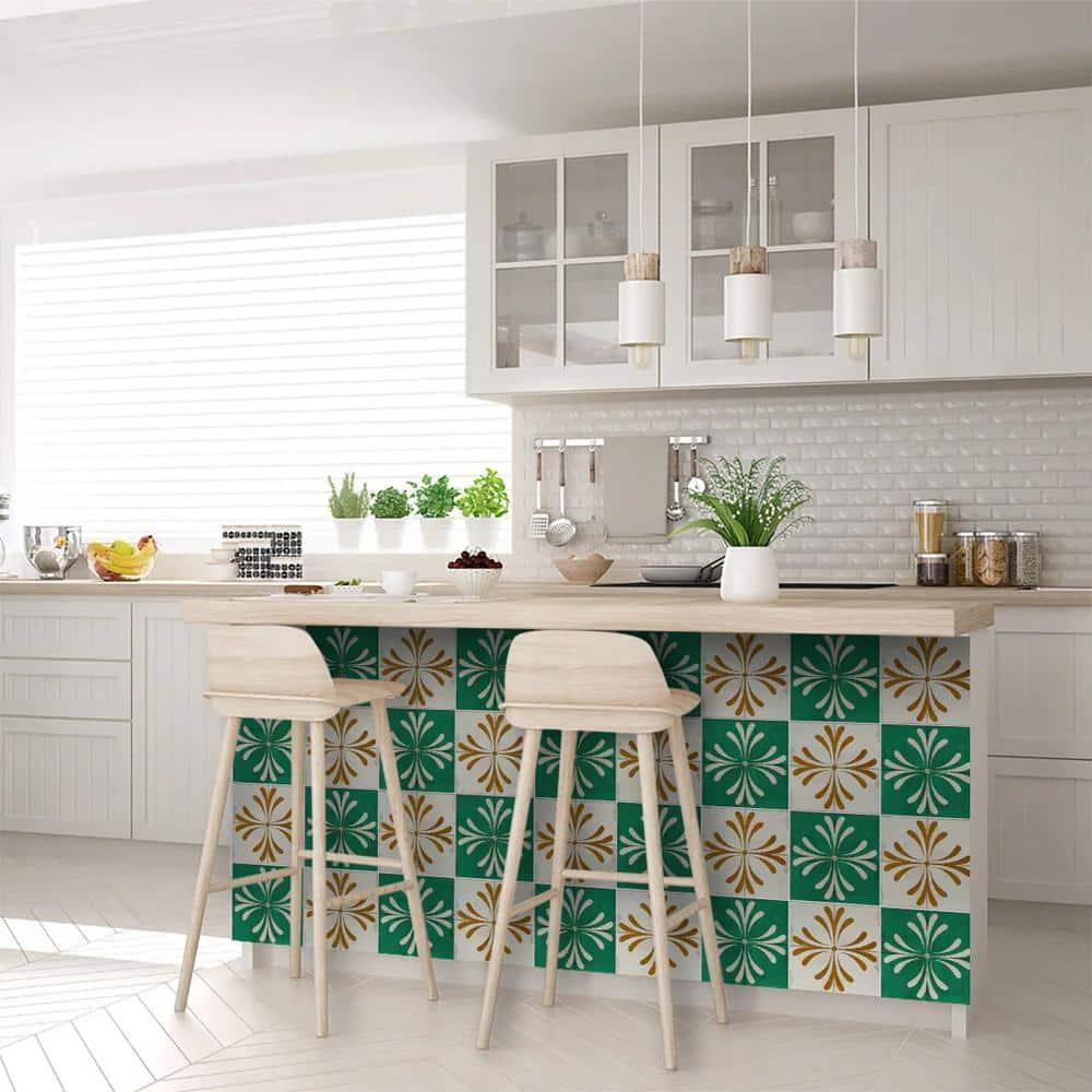 Mi Alma Green Beige Gold Vintage Flower Peel & Stick Tiles - Vinyl Backsplash 8x8