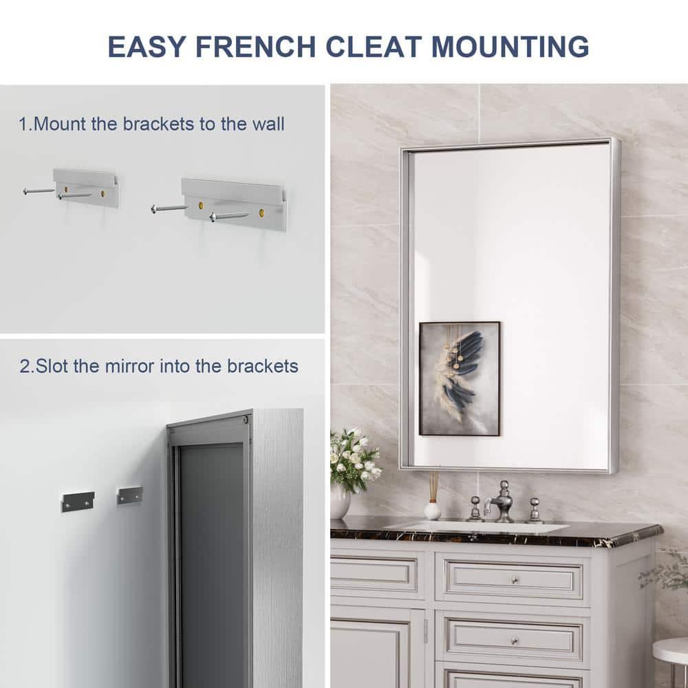 Keonjinn 24 x 32 in Brushed Nickel Bathroom Mirror for Wall, Silver Rectangular Metal Framed Vanity Mirror for Bathroom Sink Square Corner Aluminum Alloy Modern Rectangle Mirror(Horizontal/Vertical)