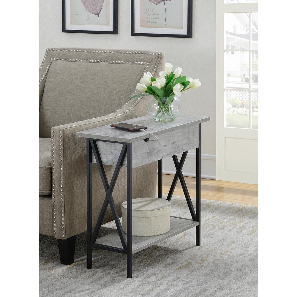 Convenience Concepts Tucson Flip Top End Table with Charging Station and Shelf, Faux Birch/Black