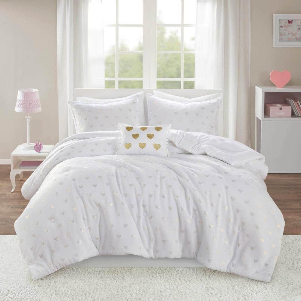 Mi Zone Full/Queen Audrey Metallic Print Plush Microfiber Soft Comforter Set with Throw Pillow White: Hypoallergenic, Transitional Style