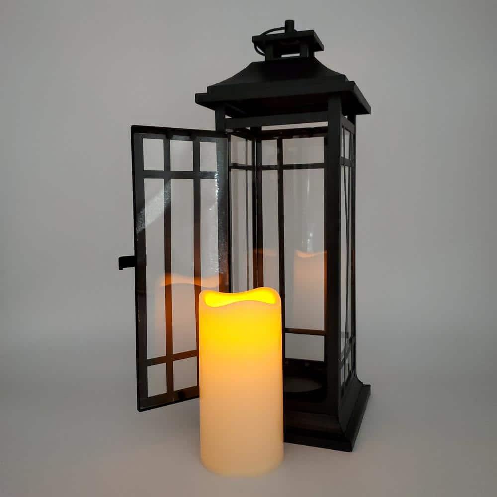 LumaBase Battery Operated Metal Lantern with LED Candle - Black Window (17 inches)