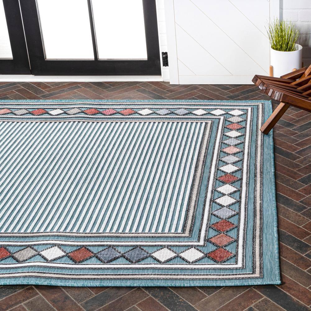 JONATHAN Y Sebastian High-Low Modern Diamond Border Blue/Ivory 5 ft. x 8 ft. Indoor/Outdoor Area Rug