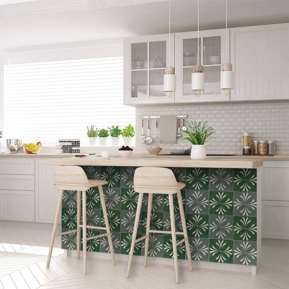 Mi Alma Green Gray Vintage Flower Peel & Stick Tiles - Vinyl Backsplash 8x8