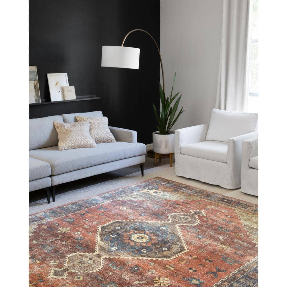 Rust and Blue Vintage Rectangular Polyester Area Rug