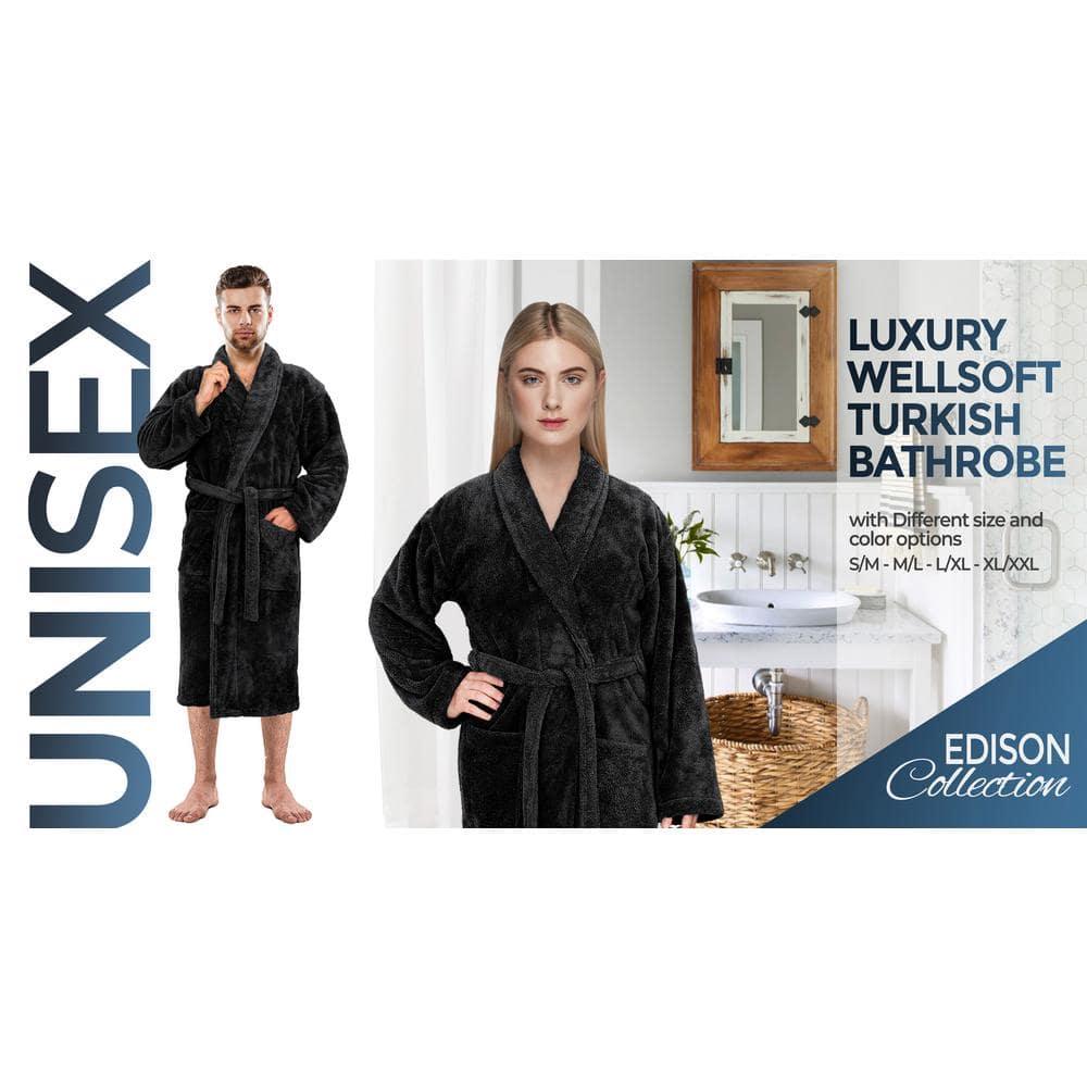American Soft Linen Warm Fleece Bathrobe, Mens and Womens Robes, 1 Piece Shawl Collar  Adult Matching Couple Robes for your Bathroom, Large, Black