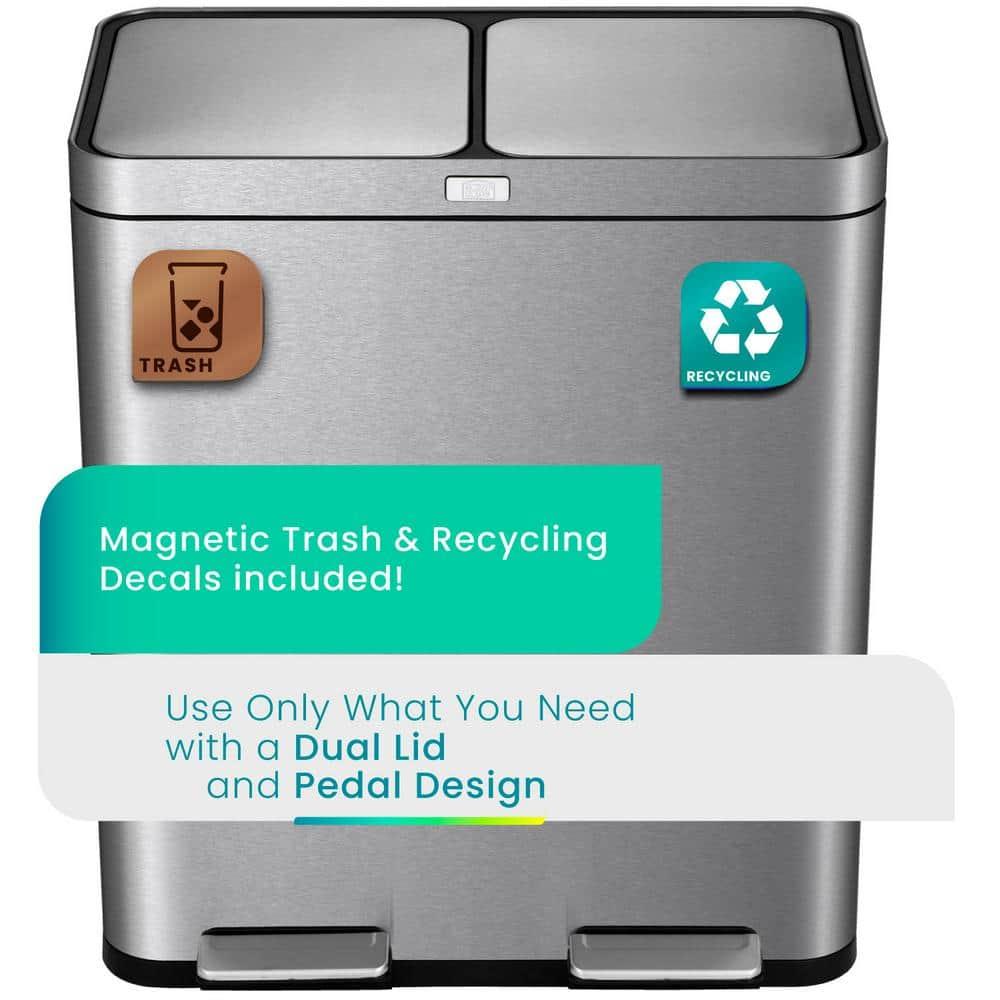 Home Zone Living 15.8 Gallon Stainless Steel Dual Kitchen Trash Can with CleanAura