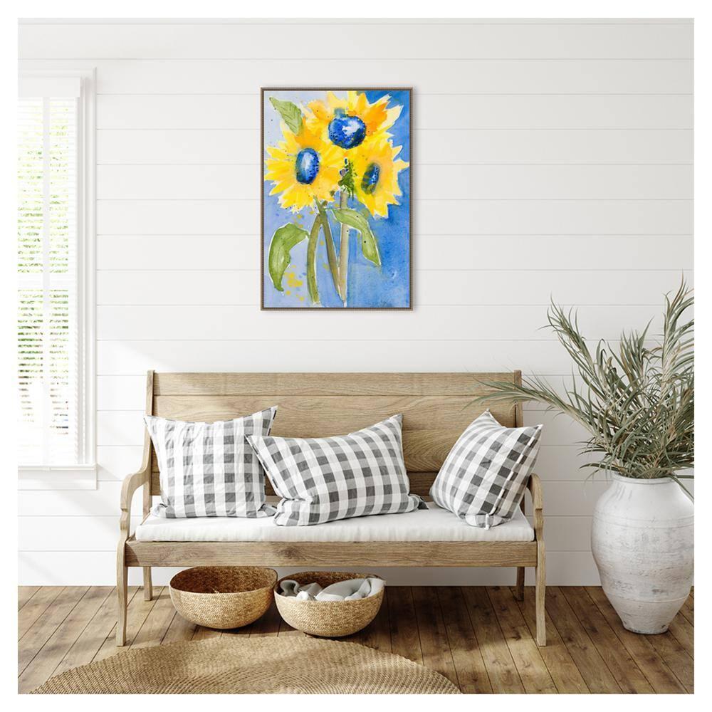 23"x33" Sunflowers by Krinlox Framed Canvas Wall Art Print Bronze - Amanti Art: Modern Botanical Lithograph, Polystyrene Frame