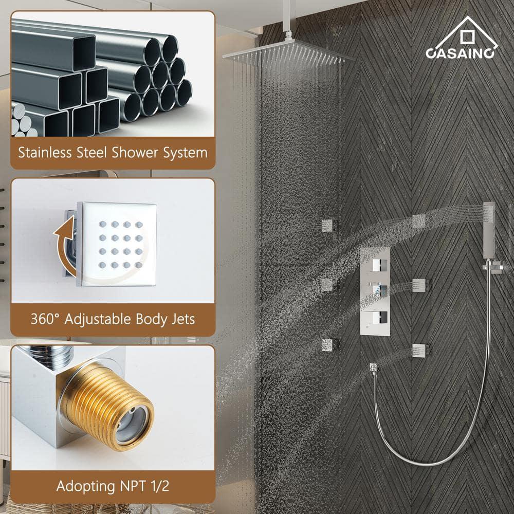 3-Function Luxury Ceiling Mount 12 Inch LED Thermostatic Shower System with 6 Body Jets