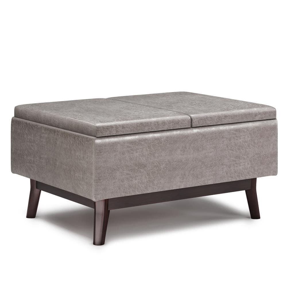 Simpli Home Owen 34"W Small Upholstered Coffee Table Storage Ottoman with Flip-Over Tray Top and Solid Wood Legs