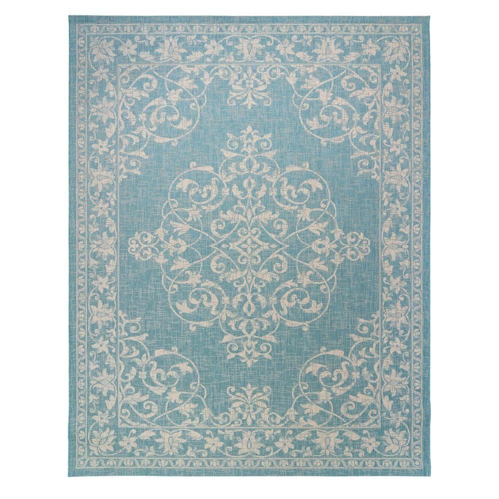 Gertmenian Paseo Ryoan Oasis Blue Traditional Floral Medallion Flatweave Indoor/Outdoor Area Rug